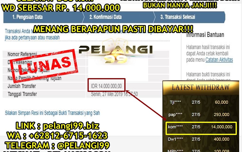 Minim Deposit, WD No Limit Pelangi99