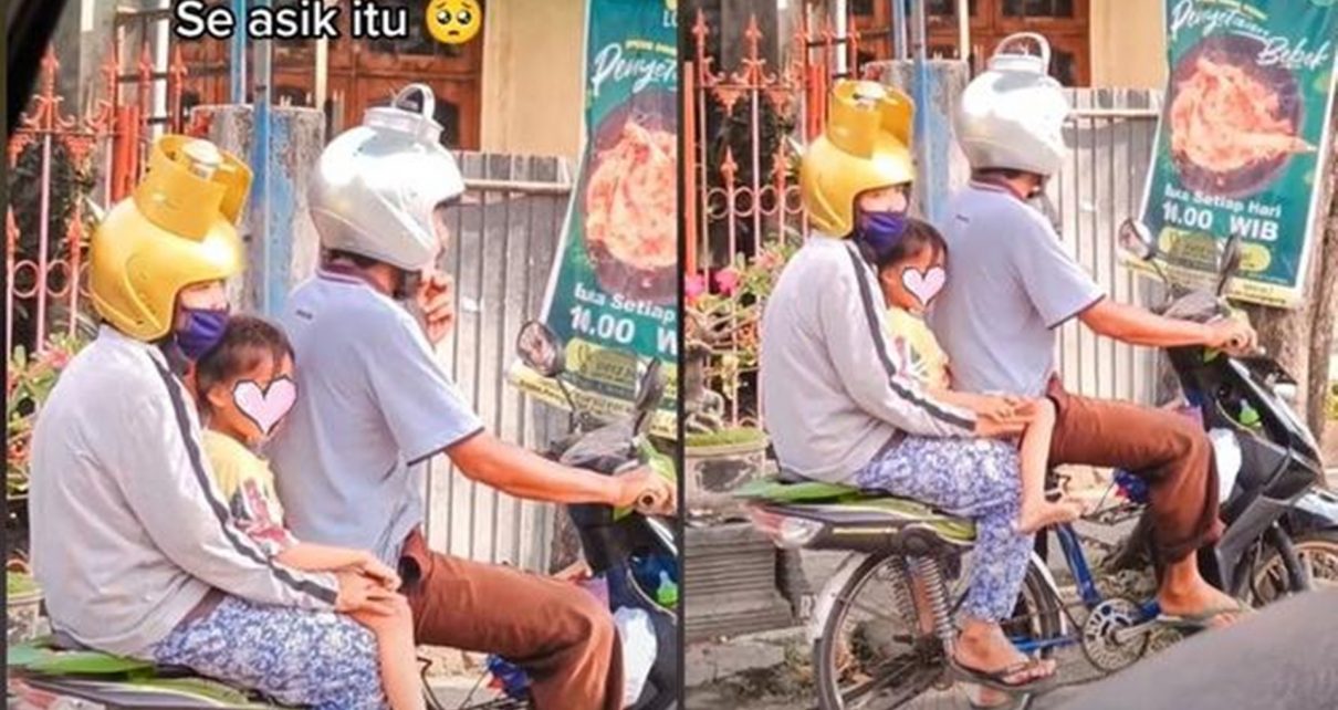 Pakai Helm Unik, Pasutri Ini Berboncengan Naik Sepeda yang Dirakit Bak Motor